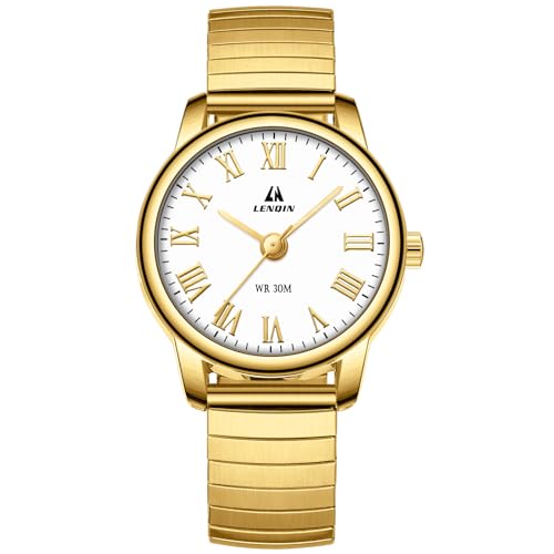 Image of LN LENQIN Ladies Watches Analog Quartz Wrist Watches for Women Waterproof Fashionable Casual Stainless Steel Women's Elastic Strap Watches (All Gold)