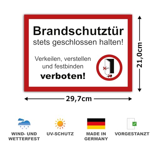 5 Stück Brandschutztür Premium Aufkleber A4 | 21 x 29,7cm DIN 4066 verkeilen, verstellen, festbinden oder ähnliches verboten Warnhinweis mit UV Schutz für Außen-und Innenbereich