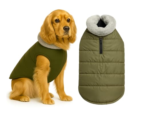 Image of The Pets Company Dog Winter Coat Jacket, Windproof, Waterproof, Light Weight, Washable, Ultra Warm Thick Fleece Lined Dog Vest for Cold Weather Protection, (Military Green, Medium - 18 Inch)