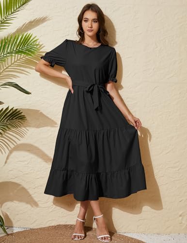 Women's Tiered Midi Dress with Tie Waist Flowy Summer Casual Short Sleeve Boho Swing Dress with Pocket3