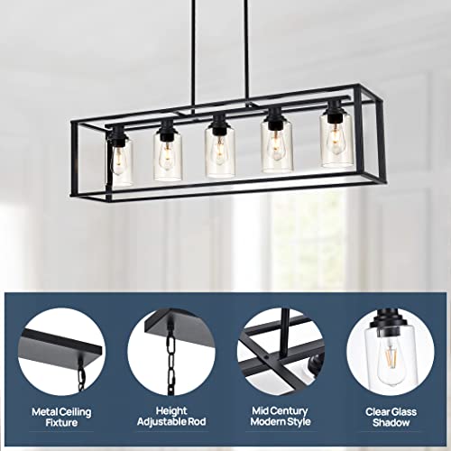 Kitchen Island Lighting Farmhouse Light Fixtures 5-Light Black Chandelier With Glass Shade Rustic Dining Room Light Fixture Over Table Rectangular Pendant Light Island Lights For Kitchen Bar Foyer #TOP3