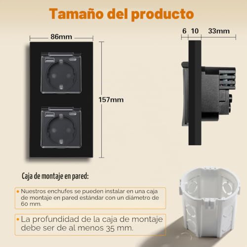 Miniatura 2 de Bseed Enchufe Usb, Enchufe Pared Schuko Con Tapa Impermeable, Enchufe Usb C 2 Gang, Enchufe Doble 16amp Negro, Enchufes De Extensión