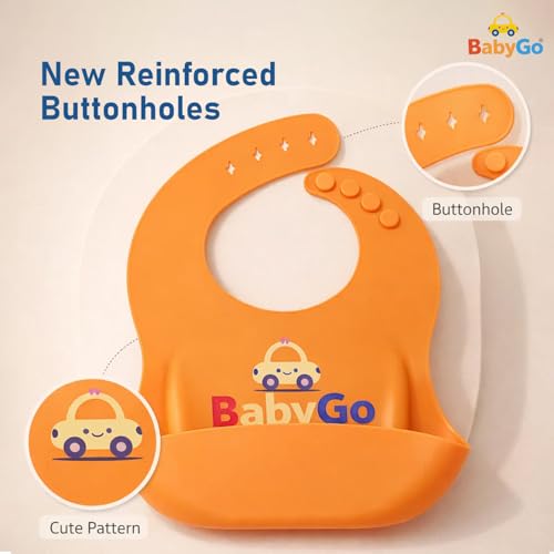 Image of BabyGo Silicone Baby Bib for Feeding & Weaning | Adjustable Neckline with Buttons | BPA Free | Waterproof | Washable & Reusable | 6-36 Months | Mess Proof Baby Feeding Bib | New Orange | Pack of 1