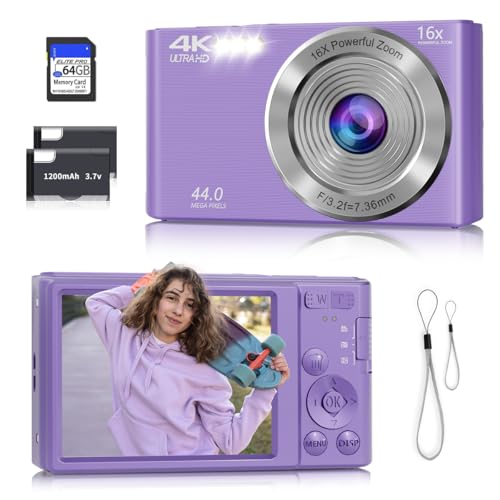 Digital Camera, Autofocus 4K Camera for Photography with 64GB Card, 44MP Portable Compact Point and Shoot Digital Camera for Teens Adult Kids Beginner with 16X Zoom, Anti-Shake (Hell Purple) by ceye - Used condition - US$27.23