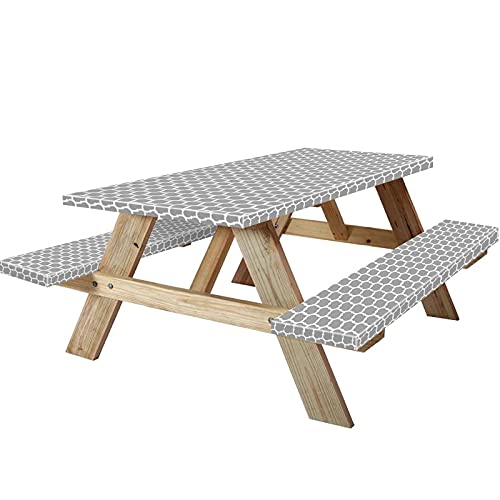 Kenobee 8Ft Picnic Table And Bench Fitted Tablecloth Cover, 96"X30" Flannel Backing Elastic Edge Waterproof Wipeable Plastic Cover Vinyl Tablecloth For Home Goods Indoor Outdoor Patio, Moroccan Gray #TOP5