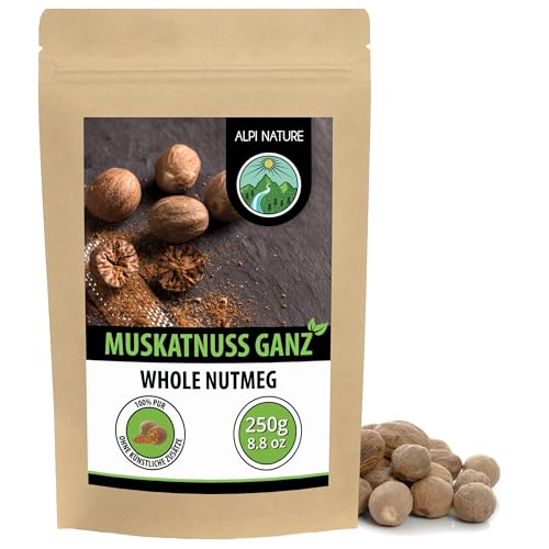 Alpi Nature Muskatnuss ganz 250g, Muskatnüsse ganz, Nutmeg, Muskatnuss Gewürze zum Kochen und Backen, ca. 30-60 Nüsse pro Beutel