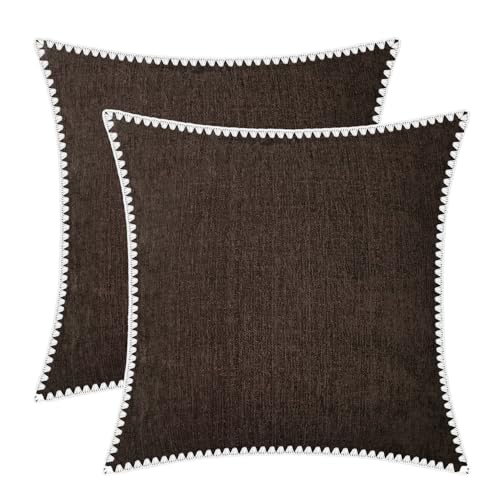 BRAWARM Throw Pillow Covers 18x18 Inches - Coffee Chenille Pillow Covers with Shell Edge, Pack of 2 Solid Dyed Soft Chenille Pillow Cases for Couch Sofa Bed Home Decoration