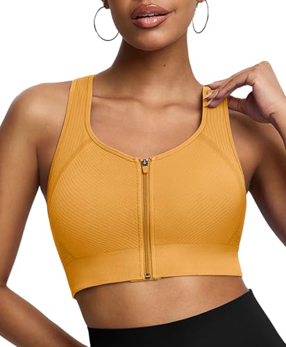 BRXL Front Zip Sports Bra Seamless Sewn in Pads Racerback Wide Straps Medium Impact for Running Yoga Gym Light Orange XL