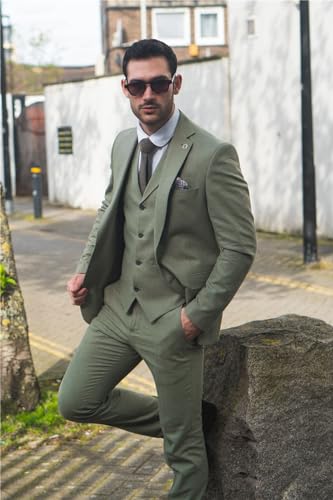 TruClothing Men's Suit Sage Green 3 Piece Lightweight Linen Summer Wedding Formal Dress Suits2