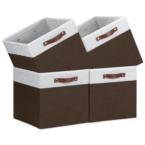 Temary Foldable Cube Baskets 4Pack - Shelf Storage Bins with Handles, Fabric Storage Organizer for Clothes, Home (White&Brown, 13x15x13 Inch)