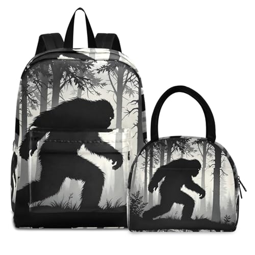 Backpack Lunch Box Set Large Capacity Travel Backpacks and Insulated Lunch Bag for Commute Hiking Picnic Sneaking Sasquatch Print