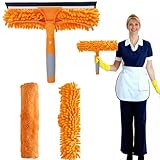 SINYUM 2 in 1 Window Washing Squeegee & Duster with 2 Pad Compatible with Standard 3/4 Inch Threaded Poles for Home Indoor Outdoor Window Washing/Duster Head Only (Orange)