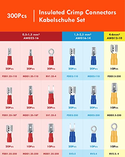 Gorffy Kabelschuhe 300 Pcs, Flachsteckhülsen Sortiment 0,5-6,0mm², Elektro Flachstecker, KFZ Quetschverbinder Set aus verzinnten messingeinsätzen, Bunt