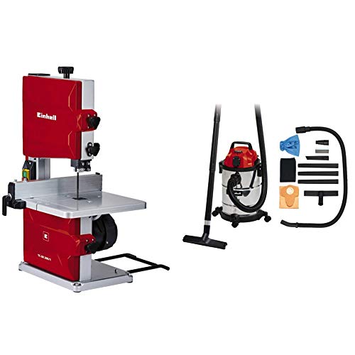 Einhell Scie à ruban TC-SB 200/1 (250 W, Nombre de dents : 6/25.4 mm, Plateau inclinable de -2° à 45°, Butée parallèle, Guidage sur roulement à billes, Poussoir) + aspirateur synchro 20L TC-VC 1820 SA