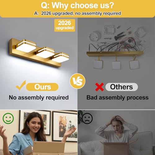 Image of Torondo 360 Rotate LED Bathroom Vanity Light Fixtures, Acrylic Vanity Lights for Bathroom, Modern Wall Lighting Fixtures Over Mirror Living, Gold, Natural White, 3-Light, 17-Inch