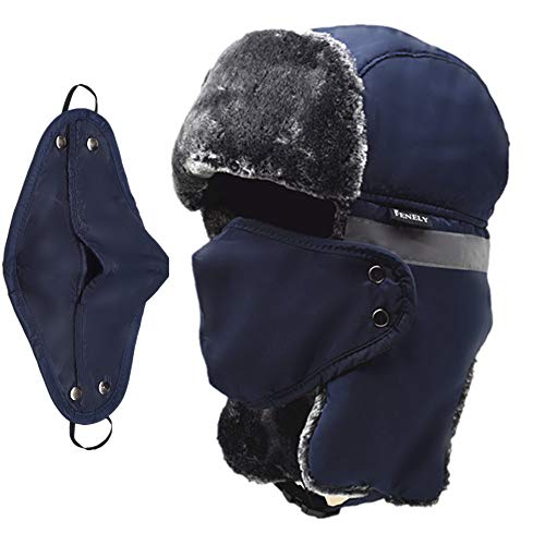 Ushanka Mens Russian Trooper Trapper Hat Winter Hunting Skiing Navy Blue Hat with Ear Flaps for Men Women with Windproof Mask for Cold Weather