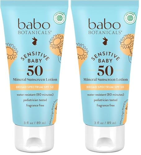 Babo Botanicals Sensitive Baby Mineral Sunscreen Lotion SPF50 Natural Zinc Oxide Face &amp; Body Fragrance-Free WaterResistant - EWG Verified Vegan Extra Sensitive Skin For Babies &amp; Kids (Pack of 2)