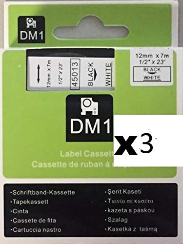 3X Compatible Standard Labelling Tape 12mm X 7m - Black ON White 45013. S0720530