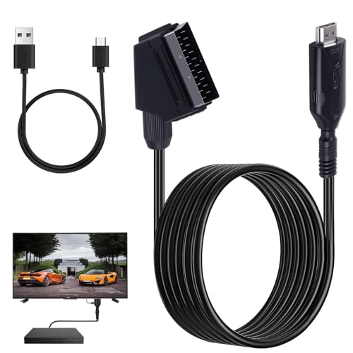 SCART to HDMI Converter with USB Power Cable, All-in-One SCART Input to HDMI Output Video Audio Adapter HD 720p/1080P Plug and Play for HDTV STB VHS Xbox PS3 Player Monitor Projector Sky Blu-Ray