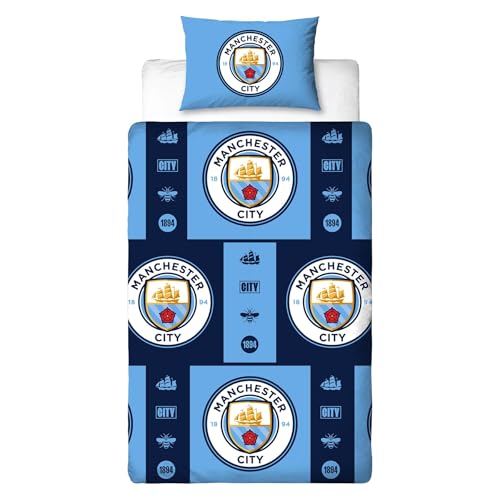 Character World Manchester City FC Single Duvet Cover Set Official Reversible Bedding Polycotton Man City Crest Emblem Design Perfect for Cityzens