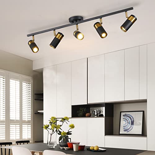 Image of 5-Light Track Lighting, Matte Black LED Ceiling Spotlight | 5 adjustable heads direct focused light,black and gold,39-inch flush mount design for kitchens, living rooms, and hallways