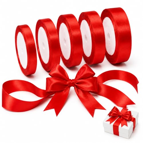 Lobaake 5 Rouleaux Ruban Satin Rouge Ruban Cadeau 22 m 5 Largeurs 0,6-2 cm
