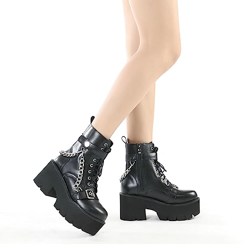 Image of Parisuit Womens Goth Patent Ankle Boots Platform Chunky Combat Boots