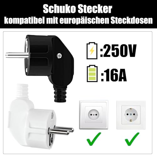 Powice 4 Stück Schuko Stecker,Stecker,Schuko Stecker Wasserdicht,Schukostecker,Spritzwassergeschützter Stecker 230V mit Zugentlastung, (Schwarz+Weiß)