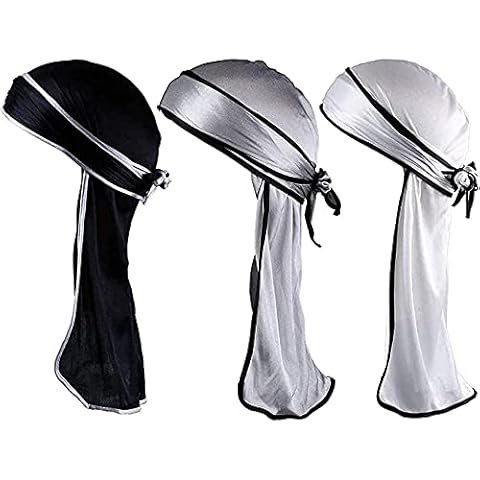 LEEQ Silky Durag Long Tail Headwraps Wide Straps Pirate Cap Smooth Hat (Color Set 1, 3 Pieces) Cover