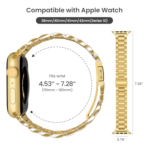 FUNSTONE Metal Band Compatible with Apple Watch Band 42mm(Series 11 10) 41mm(Series 9 8 7) 40mm(Series 6 5 4 SE3/2/1) 38mm(Series 3 2 1), Dressy Stainless Steel iWatch Strap for Women,Gold by FUNSTONE - Image 2