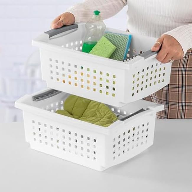 Sterilite 10-Pack Medium Stacking Basket, Open Top Plastic Storage Organizer, White - Stackable Crate Containers for Countertop, Cabinet, Pantry Shelf, Laundry Room, Bathroom & Home Office