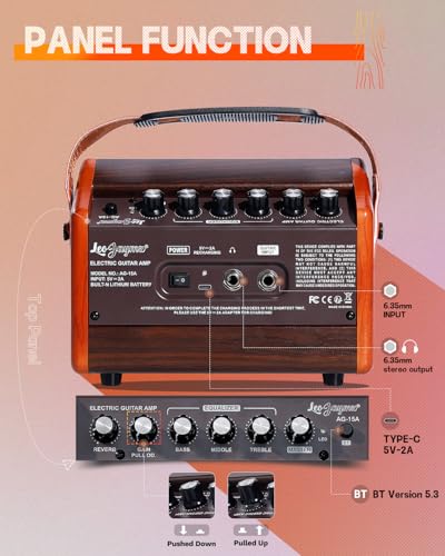 Image of Leo Jaymz 15W Portable Guitar Amplifier with BT Connection, Rechargeable Battery, Tone Control, Headphone Jack, and Versatile Sound Customization for Practice and Performance