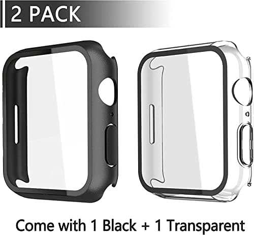 2 Pack Hard Case with Tempered Glass Screen Protector for Apple Watch Series 9, 8, 7 45mm, Ultra-Thin Overall PC iWatch Protective Cover, 1 Black + 1 Transparent
