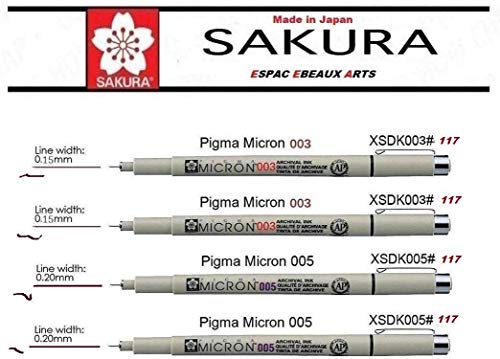 Pigma Micron Sakura pennarellini a punta fine, a base di pigmenti SEPIA, set 4pcs, 003 .003. 005. 005. Espace beaux arts