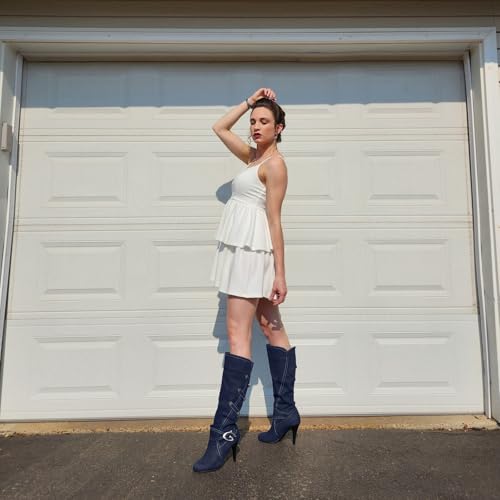 Uniquelly Womens Denim Knee High Boots Stiletto High Heel Mid Calf Slip On Round Toe Classic Retro Winter Shoes4