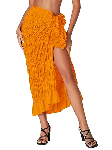 Umenlele Women's Smocked Ruched Tie Knot Ruffle Beach Sarongs Swimsuit Cover Up Split Maxi Skirt - Image 4