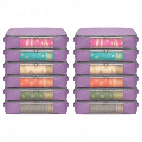 Image of Lukzer Nylon Clothes Storage Box /Saree Cover /Bags with Zip & Mesh Window Foldable Clothes Storage Organizer for Wardrobe /Lehenga /Dress /Shirts /Quilts /Sarees | (45 x 33 x 14.5 cm) Lavender - Pack of 12
