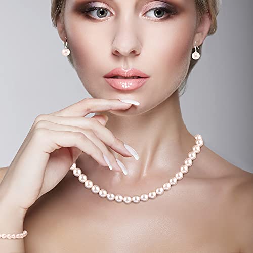 Aoovoo Pink Pearl Necklace Set For Women Girls, 8Mm Round Shell Pearl Includes Stunning Bracelet And Dangle Earrings 3 Piece Jewelry, Birthday Anniversary Wedding Gifts For Her #TOP2