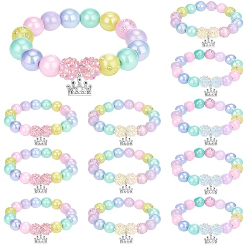 Huquary 12 Pcs Pastel Princess Party Bracelets Girls Fairy Tale Princess Party Favors Cartoon Story Themed Bracelets with Crown for Gifts Pastel Birthday Goodie Bag Stuffers Gifts Favor Supplies