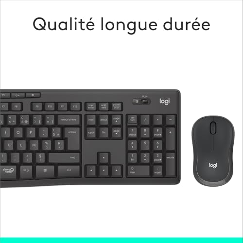Logitech MK295 Silent ensemble souris et clavier sans fil avec technologie SilentTouch, pavé numérique taille standard, réactivité instantanée sans fil, 90% de bruit en moins, AZERTY Français - Gris