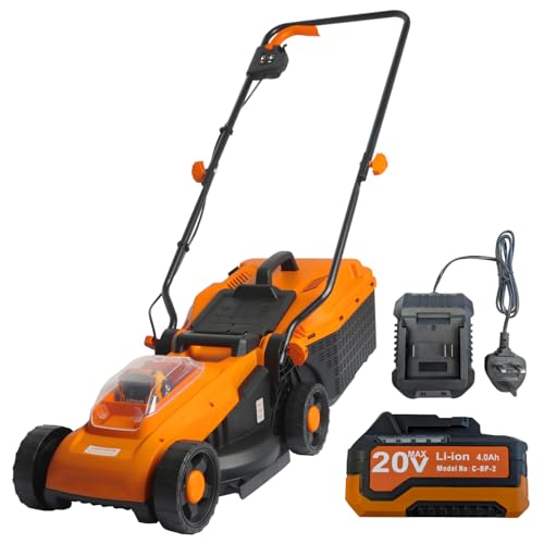 Cordless Lawnmower With 4.0Ah Battery and Charger - 330mm Cutting Width - 3 Cutting Heights 25mm to 65mm - 30 Litre Collection Box - Lightweight and Compact (Lawn Mower & Battery & Charger)
