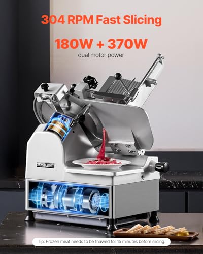 Image of VEVOR Automatic Meat Slicer, 180W + 370W Deli Slicer with a 12 inch Premium 65Mn Blade, 0-0.3 inch Adjustable Thickness, Electric Food Slicer Machine for Meat, Vegetables, Hard Bread, and Cheese