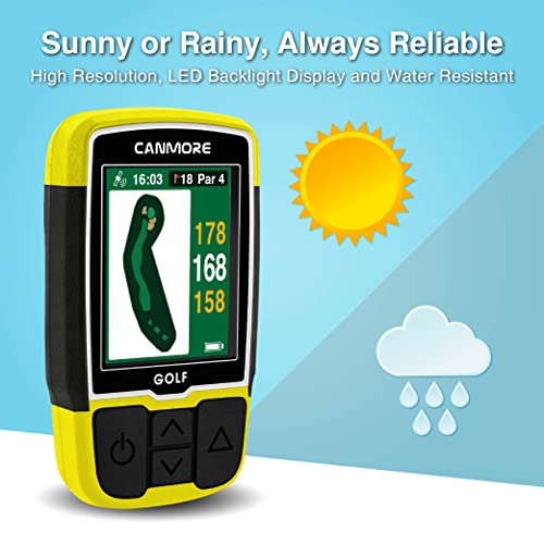 CANMORE HG200 Plus Golf-GPS – Gut lesbare, farbige, vorinstallierte Golfplatzkarte mit 41.000 Einträgen weltweit, Form des Grüns und des Fairways – Gelb