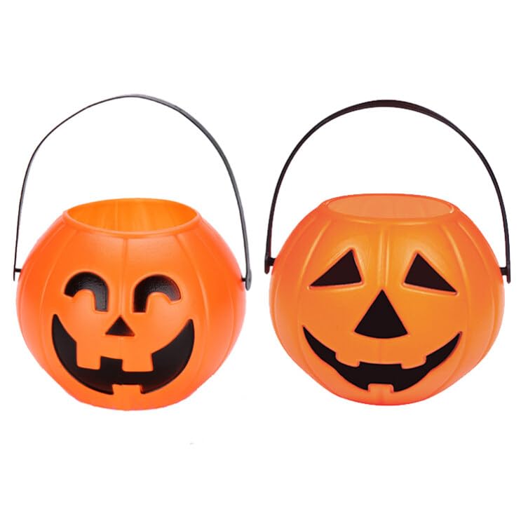 Didiseaon Pumpkin Candy Bucket 2 Pcs Halloween Pumpkin Buckets-Orange Decor Trick or Treat Bucket with Handle, Portable Pumpkin Candy Bucket Box for Party Favor (Random Style)