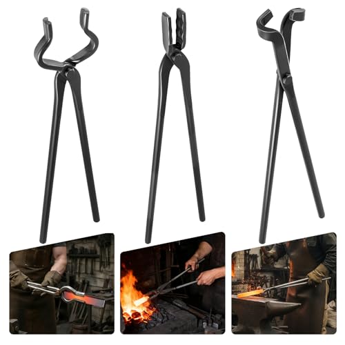 Blacksmith Tongs Set 3 Pcs Flat, Wolf Jaw Bolt, Heavy