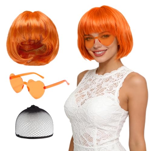 GYIOFAI 3 Peças peruca laranja com óculos de sol com e rede cabelo para mulher, peruca curta néon Bob, postiços para despedida de solteira, para Halloween carnaval, festas de fantasia (laranja)