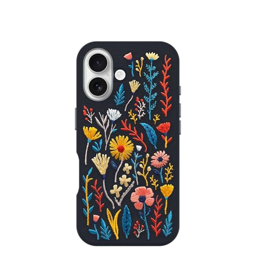 Image of OtterBox iPhone 16 Symmetry Series Cactus Leather Embroidery for MagSafe - Enchanted Garden Blue - Textured, Embroidered Floral Artistic iPhone Case, MagSafe Compatible Embroidered iPhone Case