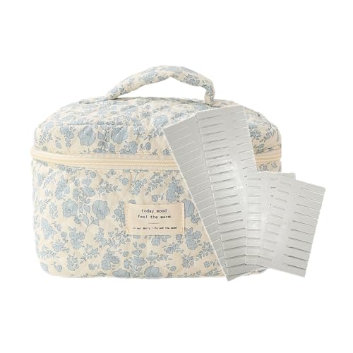 Lyoveu M-UP2 Cotton Quilted Makeup Bag, Floral Aesthetic Cosmetic Bag for Women Gifts, Travel Toiletry Organizer Bag, Cosmetic Pouch. (Large/A)
