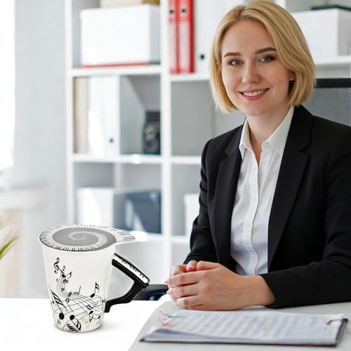 14oz Piano Novelty Coffee Mug, Musical Note Ceramic Cup with Piano Handle, Includes Lid & Cat Spoon, Unique Gift for Teachers, Music Lovers, Birthday Holiday Gifts for Men Women by GUSKYDO - Used condition - Image 7