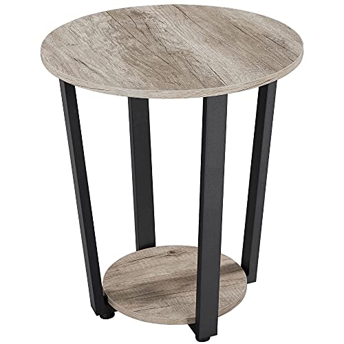 Yaheetech Round Side Table, Industrial Nightstand Sofa End Table with 2 Storage Shelves, Stable Bedside Table with Metal Frame for Living Room Home Office Bedroom, Easy Assembly, Gray